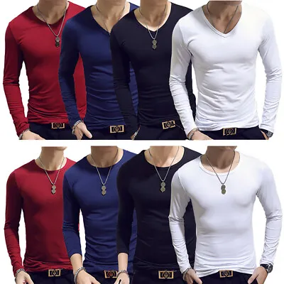 $39.95 • Buy 3 Pack Lots Men's New Plain Long Sleeve V-Neck Round Neck Slim Classic T-Shirt