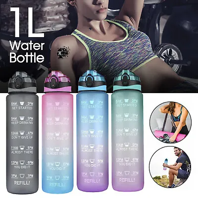 $15.49 • Buy 1L Water Bottle Motivational Drink Flask With Time Markings BPA Free Sport Gym
