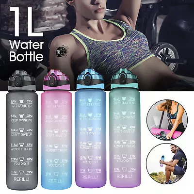 1L Water Bottle Motivational Drink Flask With Time Markings BPA Free Sport Gym • $15.24