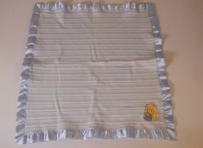 Classic Winnie The Pooh Blue White Stripe Baby Security Blanket Satin Trim 2 Ply • $24.39