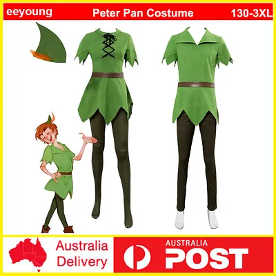 Kids Peter Pan Cosplay Costume Green Outfits Book Week Suits Halloween Uniforms • $58.89