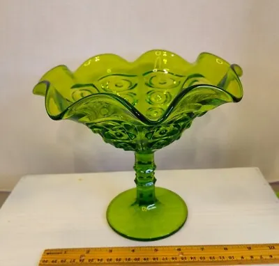 Vintage HUGE Viking Green Glass Pedestal Compote Candy Bowl 8” Bullseye Pattern • $18.50