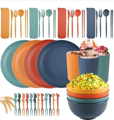 32 Piece Plastic Picnic / Camping Dinner Set With Induvial Cutlery Cases • £14.50