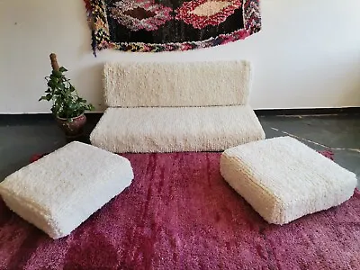 Moroccan Handmade Floor Couch - Unstuffed Wool White Sofa Covers + Pillow Cases • $610.30