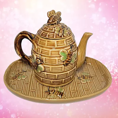Vintage 1970's Majolica Bumblebee Beehive Ceramic Pottery Tea Pot & Underplate • $59.95