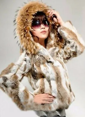 Real Genuine Women Rabbit Fur Coat With Raccoon Fur Hood Jacket Overcoat • $108