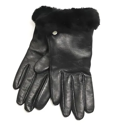 New Womens UGG Black Shearling Shorty Trim Leather Gloves In Black S • $49.99