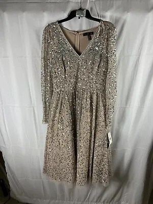 Aidan Mattox Champagne Beaded Sequin Midi Dress Gown #12 $495 • $99.90