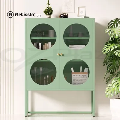 ArtissIn Buffet Sideboard Cupboard Cabinet Storage Glass Doors Metal Green ELLA • $152.95