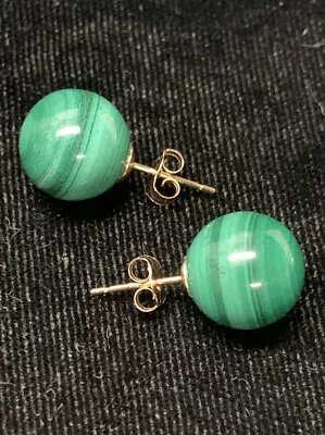 14K Solid Yellow Gold Earrings Green Malachite Gemstones Studs Balls TIL China • $79.99