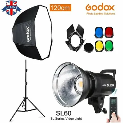 Godox 60W SL-60W LED Video Light+120cm Octagon Umbrella Softbox Stand+Barndoor • £145