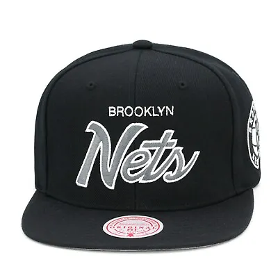 Mitchell & Ness Brooklyn Nets Snapback Hat Cap Black/Grey Script/Side Patch • $36.90