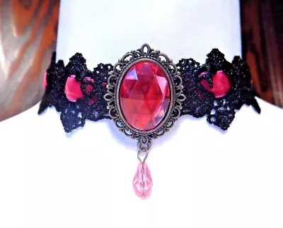 MAGENTA BLACK VELVET LACE CHOKER Necklace Bronze Filigree Gothic Lolita EGL 1C • $7.99