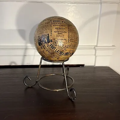 Vintage Decoupage 1800-1900s Newspaper Ads Globe Bronze Base Unique Shelf Decor • $24