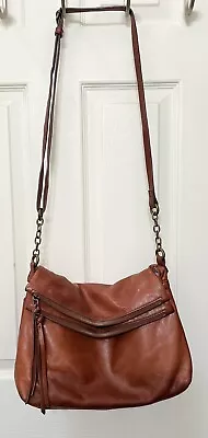 Margot NY Mickey Crossbody Bag Cognac Brown Leather Double Zip 3 Compartment • $24.95