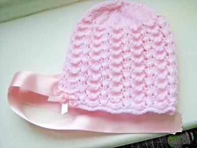 Lovely Hand Knitted Baby Bonnet In Pink Size New Born (6) • £4.40