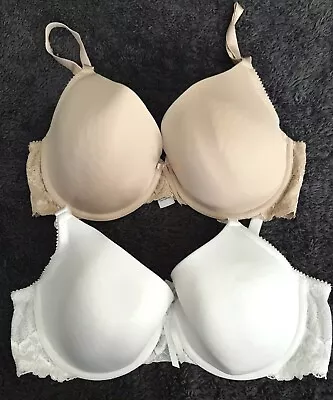 2 X MARIE MEILI 34DD Padded T-SHIRT BRAS Underwired WHITE/NUDE Vgc • £9.99