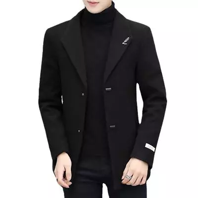 Korean Style Casual Men Lapel Single Breasted Tweed Trench Coat Slim Fit Comfort • $88.32
