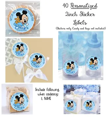 40 Baby Mickey Mouse Personalize STICKERS For Lollipops Goody Bag Shower Favor • $10.99