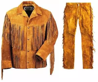 Men's Native American Buckskin Bucksin Suede Leather Fringe War Shirt Pants Suit • $199