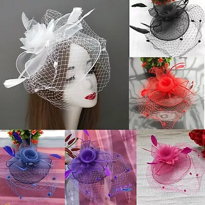 Vintage Women Tea Party Headband Wedding Flower Cocktail Mesh Feathers Hair Clip • $9.96