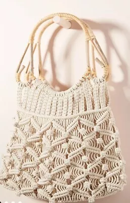 Womens Anthropologie Amara Large Macrame Crochet Tote Offwhite Wooden Handle NWT • $52