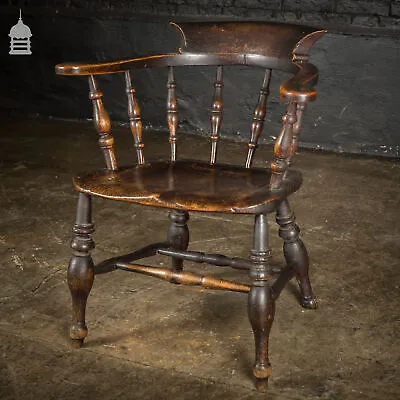 £960 • Buy 19th C Captains Bow Seat Smokers Chair With Turned Arm Supports And Double H Str