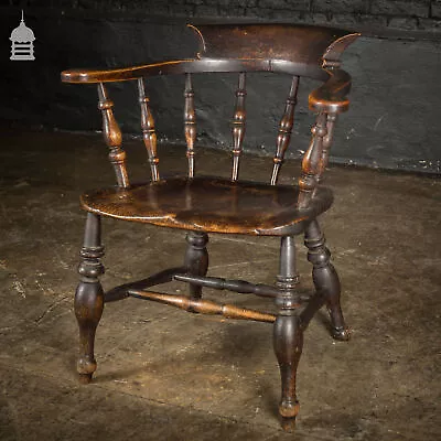 19th C Captains Bow Seat Smokers Chair With Turned Arm Supports And Double H Str • £960