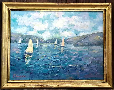 Oil Painting Seascape Sailboats Regatta Cliffs Coastal Framed Original Donalee • £212.93