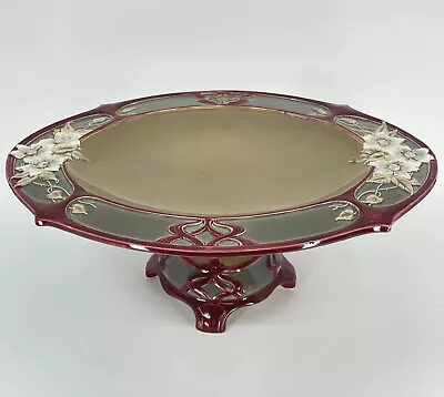 ART NOUVEAU EICHWALD B BLOCH & Co MAJOLICA MAROON COMPOTE PEDESTAL PLATE 4542 • $224.99