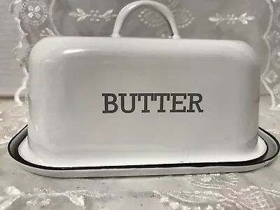 White Enameled Metal Farmhouse Covered Butter Dish • $19.99