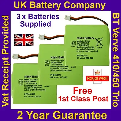 £8.95 • Buy 3 X New BT Verve 410 / 450 Trio Phone Batteries UK GP 5M702BMXZ 2.4V 600mAh NiMH