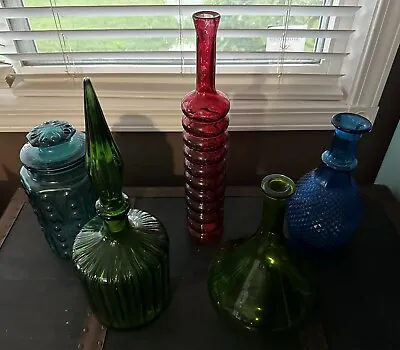 Lot Of 5 Vintage Glass Colored Bottles  Green Blue Red • $29.96