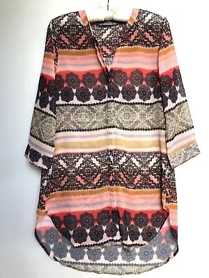 Katies Siz 10 Women Sheer Tunic Blouse Bohemian Tribal Print Multicoloured • $12.84