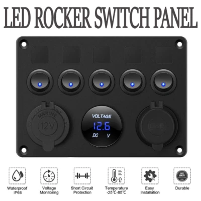 $29.98 • Buy 5 Gang 12V Switch Panel ON-OFF Toggle 2 USB For Car Boat Marine RV Truck Camper
