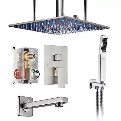 LED Brushed Shower Faucet Set 24 In Rain Head Combo Mixer Valve System Tub Spout • $69