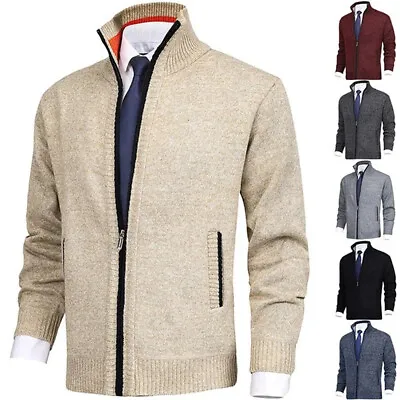 Mens Fleece Lined Cable Knitted Zip Up Cardigan Warm Winter Outerwear Jumper • £15.66