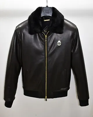 Billionaire Genuine Leather Real Fur Collar Black Men's Bomber Jacket • $485