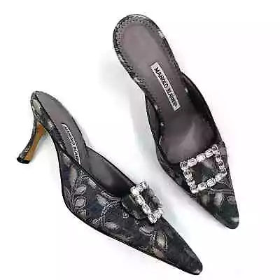 Manolo Blahnik Leaf Jacquard Crystal Mules Black Pointed Heels Sz 38 / 8  • $276.25