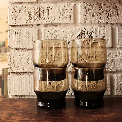 Vintage Smoke Brown Lowball Whisky Glasses Set Of 4 Stackable Drinkware Bar. • $34