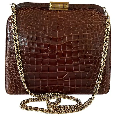 Vintage Lucille De Paris Alligator Crossbody Bag Purse Gold Chain Brown USA MCM • $134.99