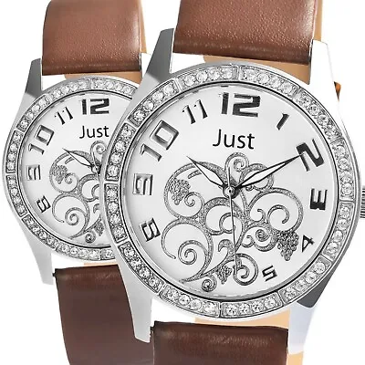 Just Women's Watch With Leather Strap White Braun Tattoo Analog Rhinestone Quarz • $134.15