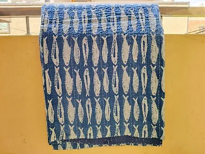 Indian Handmade Blue Fish Print Kantha Quilt Cotton Blanket Throw  Bedspread • $50.99