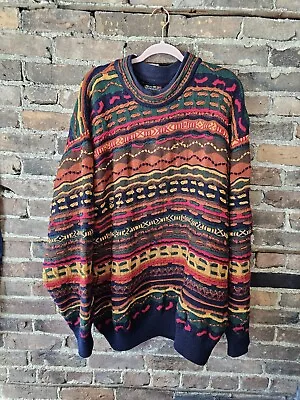 Authentic Coogi Australia 1X  XL Red Blue Orange Yellow Wool Sweater Vintage 90s • $300