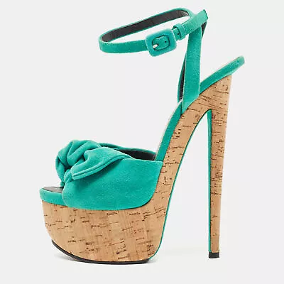 Giuseppe Zanotti Green Suede Bow Cork Wedge Platform Ankle Strap Sandals Size 38 • $156.45