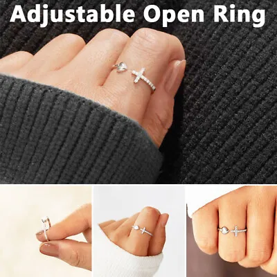 $9.26 • Buy Diamond Rhinestone Cross Peach Heart Ring Adjustable Open Ring Delicate Jewelry
