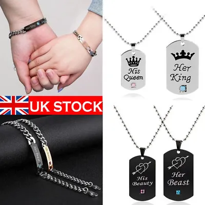 His And Her  Her King His Queen  Stainless Steel Couple Lover Necklace Bracelet  • £5.99