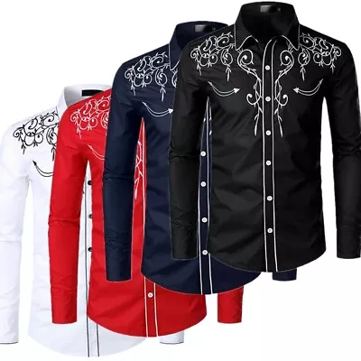 Mens Western Cowboy Shirt Long Sleeve Retro Embroidery Casual Buttons Down Shirt • $8.36