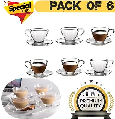 Royal Cuisine Cup Saucers Set Clear Glass Coffee Cappuccino Tea Set Of 6 Cups UK • £15.99