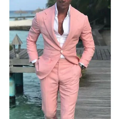 Mens Pink Suit Peak Lapel Slim Fit Business Formal  Wedding Groom Tuxedos Custom • $102.29